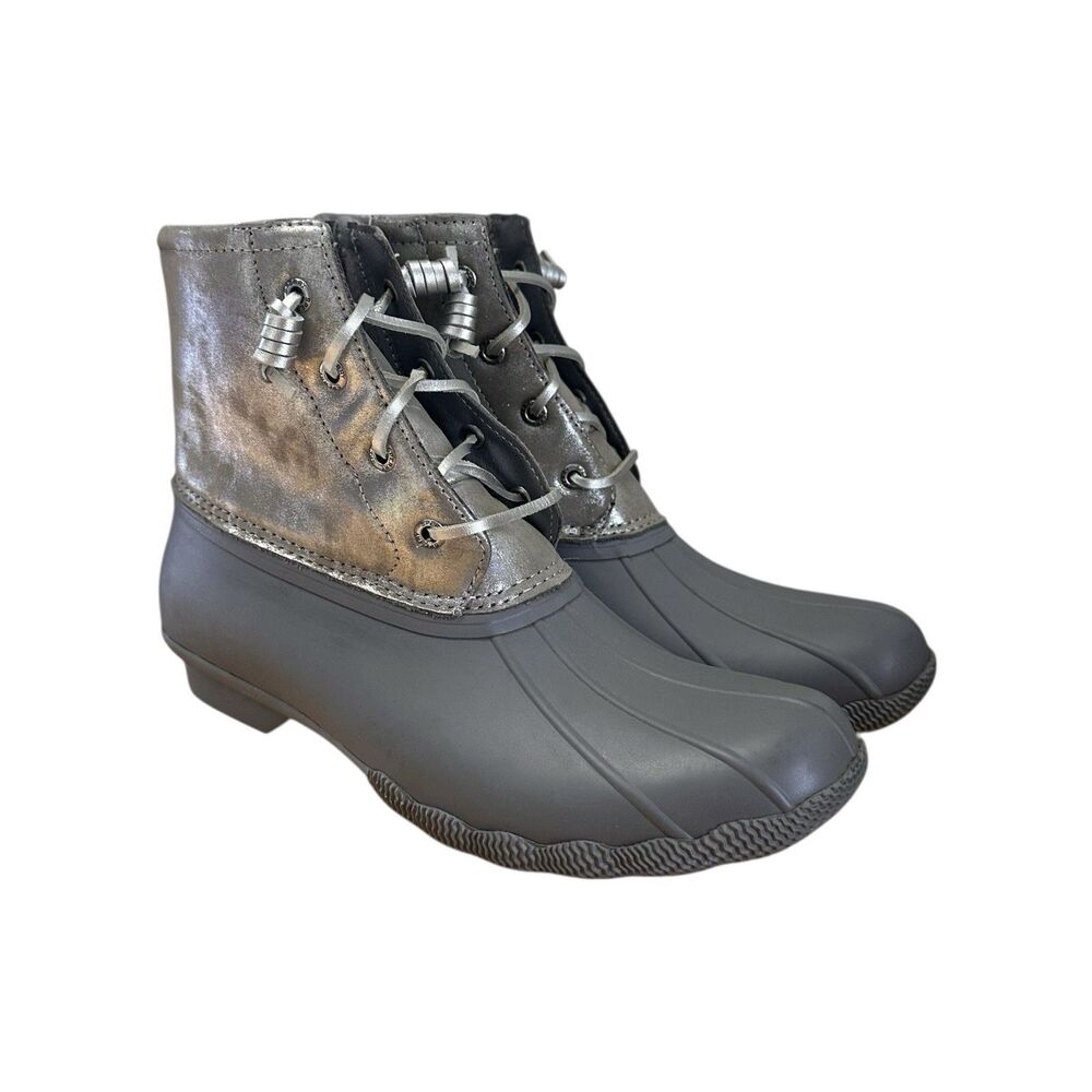 Sperry Women's Sz 9 Saltwater Metallic Silver Gray Leather Rubber Duck Boot